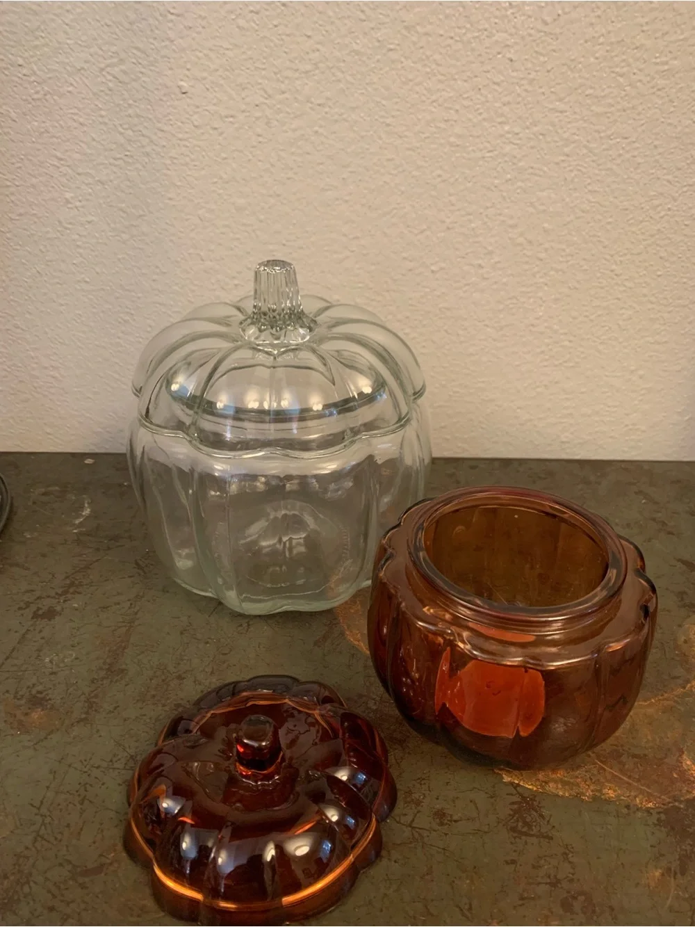 2 Glass Pumpkin Jars with Lids - Clear and Amber